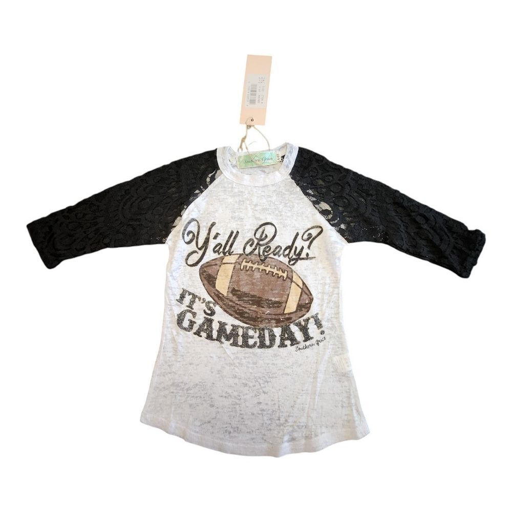 NWT Southern Grace Girls Raglan Lace‎ Sleeve Shirt Football Size 4 /6 Youths